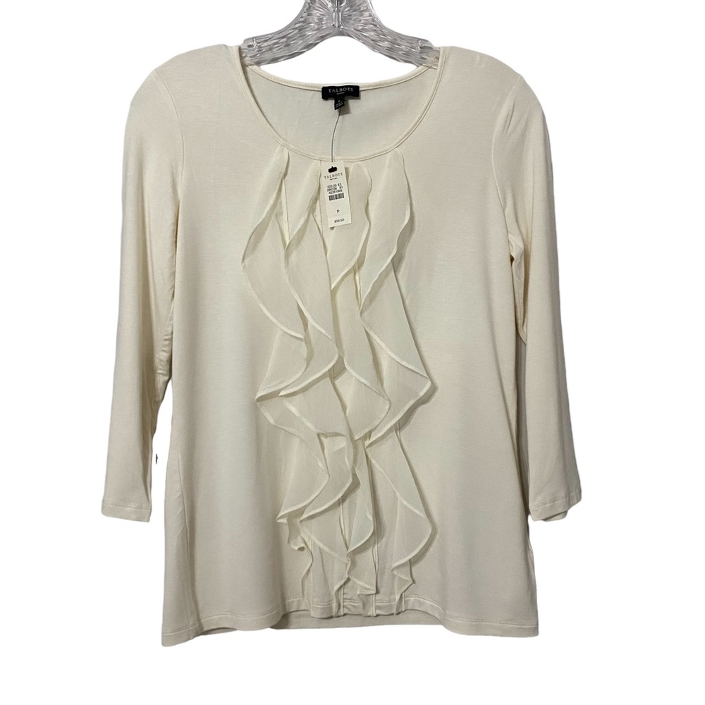 NWT Talbots Petites Womens Off White 3/4 Sleeve Ruffle Blouse Petite